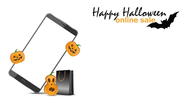 Banner with a smartphone on white background and copy space the concept of online sales for halloween shopping advertising banner flyer
