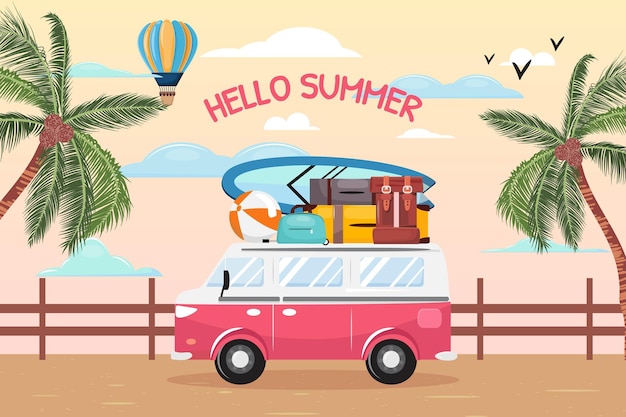 Vector banner with a summer illustration minivan driving on the street and tropical palms on the background