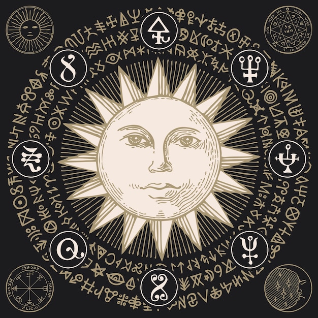 banner with Sun and magic symbols in retro style