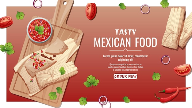 サルサソースを添えたタマレスのバナー。国民的メキシコ料理。おいしくてヘルシーな料理、料理、メニュー。
