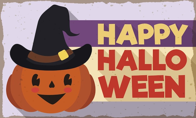 Banner with tender smiling pumpkin wearing a witch hat in Halloween flat design