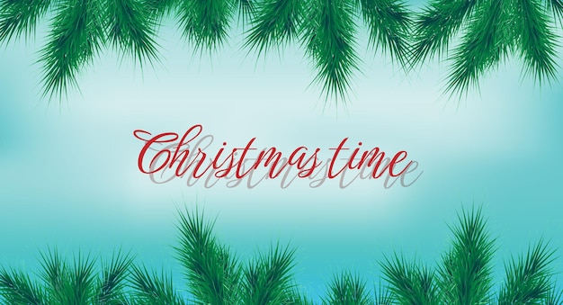 Banner with vector christmas tree branches and space for text on blue background