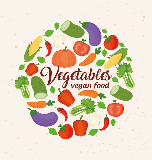 Banner con verdure, verdure di concetto e cibo vegano, cornice circolare con verdure