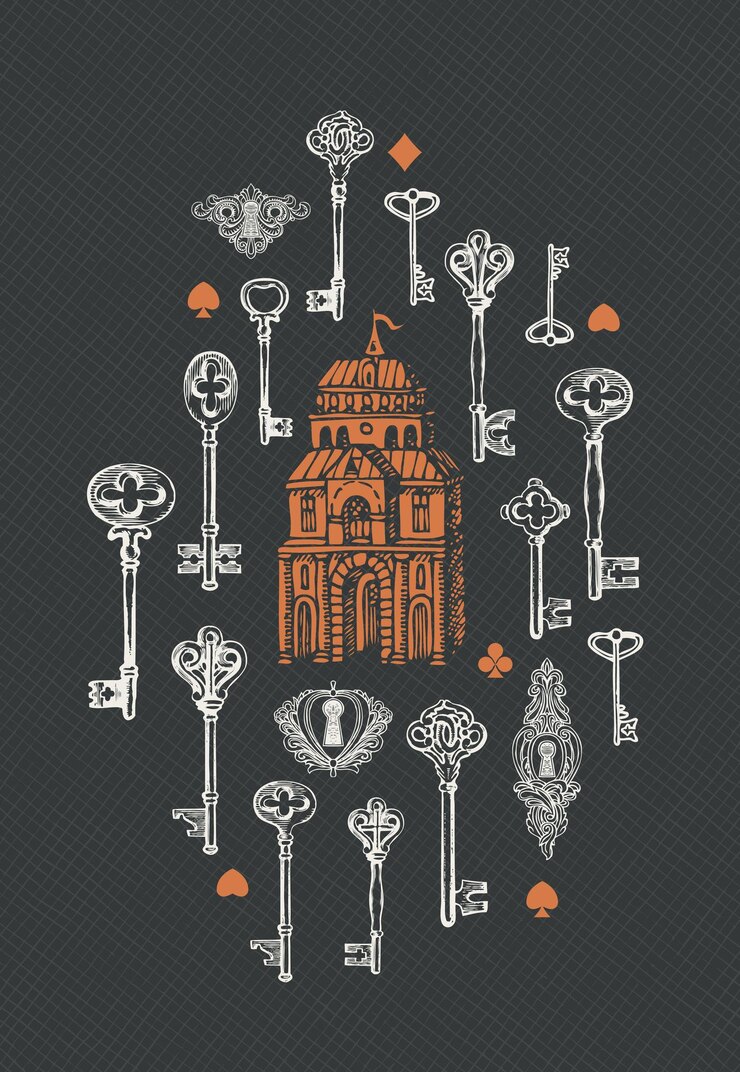 Vector banner with vintage keys and old house