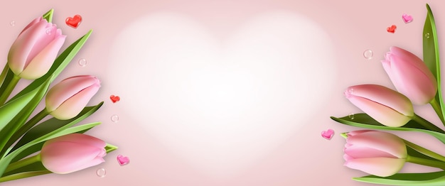 Banner with white hearts and pink realistic tulip flowers on\
pink background for women related event