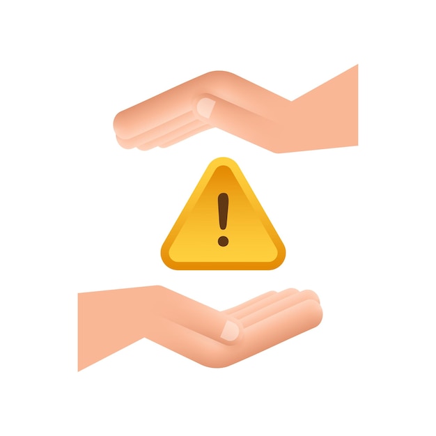 Вектор Баннер с желтым предупреждением мошенничества над руками знак внимания значок кибербезопасности