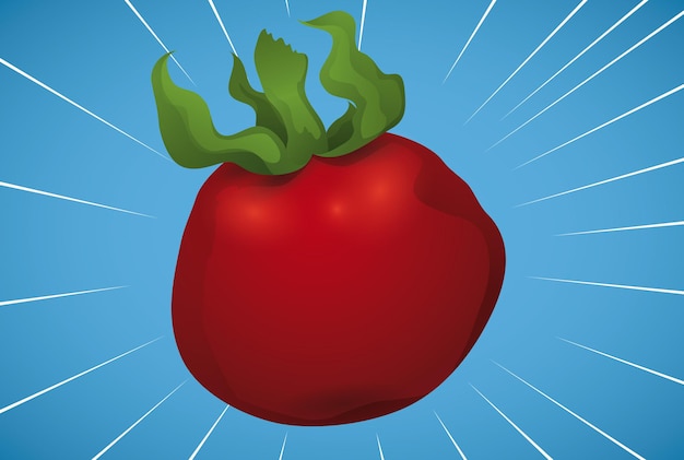 Banner witt a red tomato crossing at full speed over a blue background with speed lines