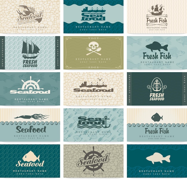 banner wiyh set of business cards on seafood theme