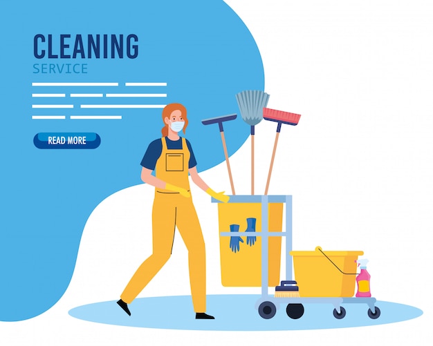 Vector banner, woman cleaning worker wearing medical mask with cleaning trolley, woman janitor wearing medical mask with cleaning trolley vector illustration design