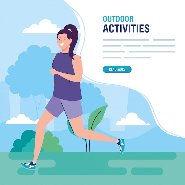 Vector banner, woman performing leisure outdoor activities, woman running illustration design