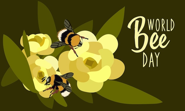 Vector a banner for the world bee day with cute realistic bees crawling in flowers simple vector template