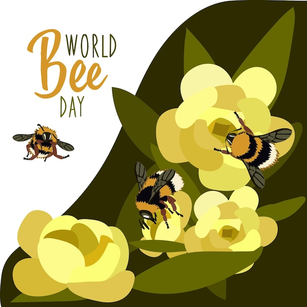 A banner for the World Bee Day with cute realistic bees crawling in flowers Simple vector template