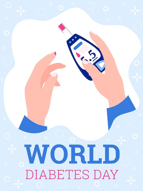 Vettore banner della giornata mondiale del diabete con le mani che prendono l'illustrazione vettoriale dell'analisi del sangue