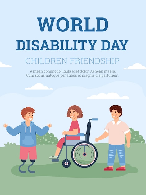 Banner per la giornata mondiale della disabilità con illustrazione vettoriale di cartoni animati per bambini disabili