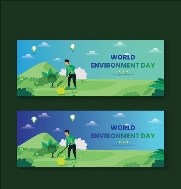 A banner for world environment day with a man mowing the grass.