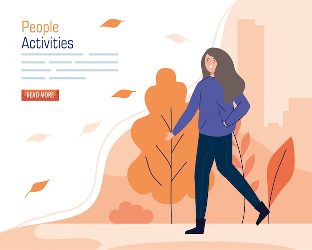 Vector banner of young woman walking in landscape