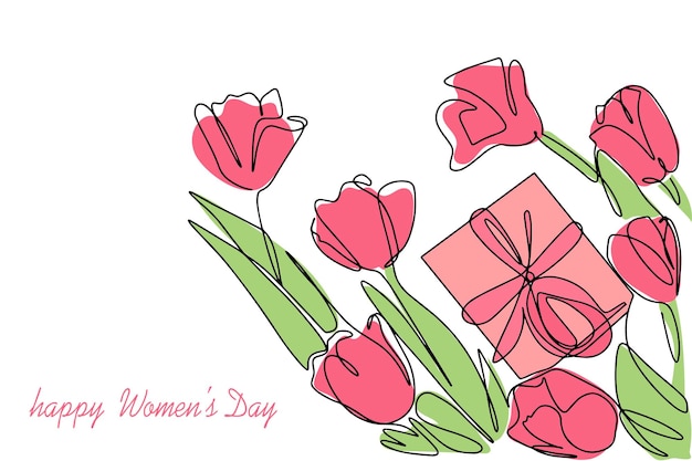 Banneransichtkaart met Internationale Vrouwendag Illustratie met bloemen en een geschenk