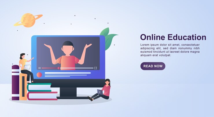 Bannerconcept van online onderwijs met mensen die via video op computers leren.