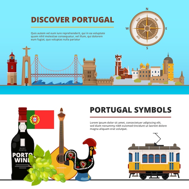 Bannermalplaatje met illustraties van Portugese culturele voorwerpen wordt geplaatst die