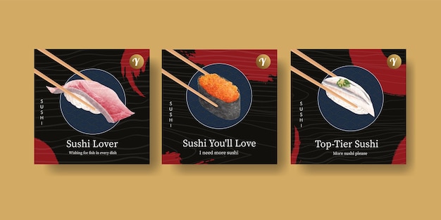 Bannermalplaatje met premium sushi-concept, aquarelstijl