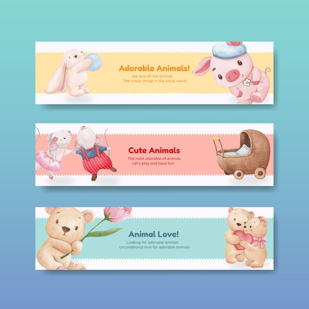 Bannermalplaatje met schattig dierenconcept, aquarelstijl