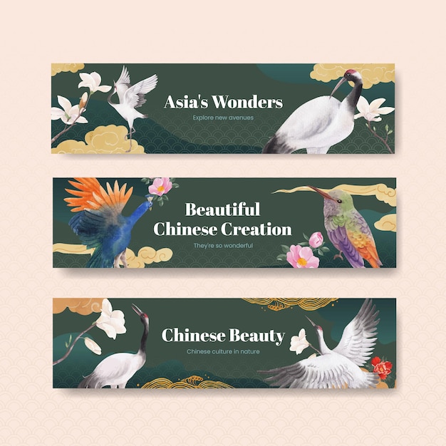 Bannermalplaatje met vogel en chinees bloemconcept, waterverfstijl