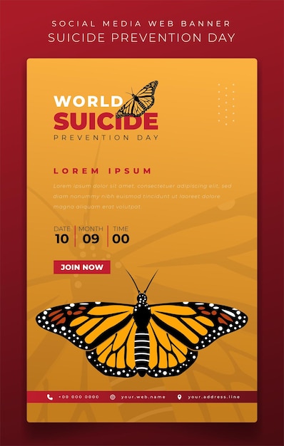 Bannermalplaatje op gele achtergrond met vliegende vlinder voor het ontwerp van de dag van de zelfmoordpreventie
