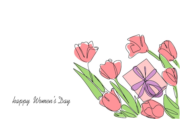 Bannerpostcard with International Women's Day Illustration with flowers and a gift