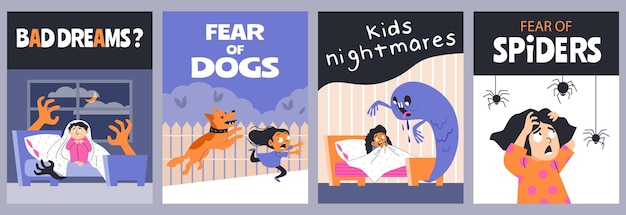 Banners of childhood fears and nightmares set flat vector illustration