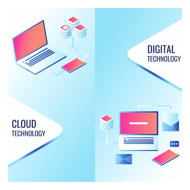 Banner di tecnologia del servizio cloud, caricamento e download di dati su cloud storage