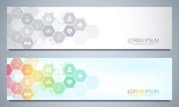 Vector banners design template for healthcare and medical decoration with flat icons and symbols.