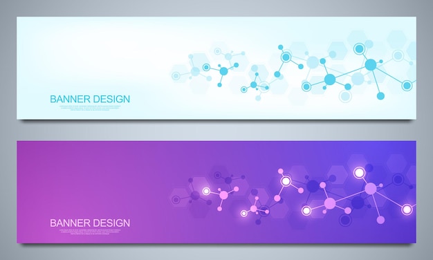 Banners design template with molecular structures and neural network. Abstract molecules and genetic engineering background. Science and innovation technology concept.