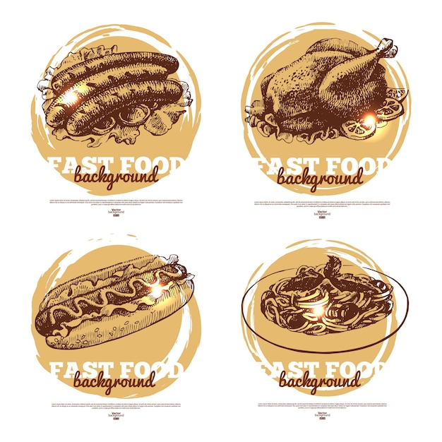 Banners of fast food sketch design. Hand drawn illustrations. Splash blob backgrounds