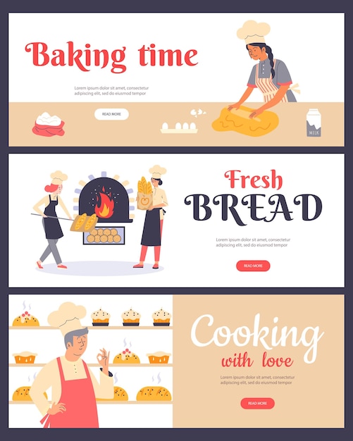 Vector banners or flyers set with bakers prepare bread flat vector illustration