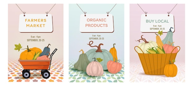 Banners for harvest sale market With pumpkins vertically Autumn background A4 For organic products