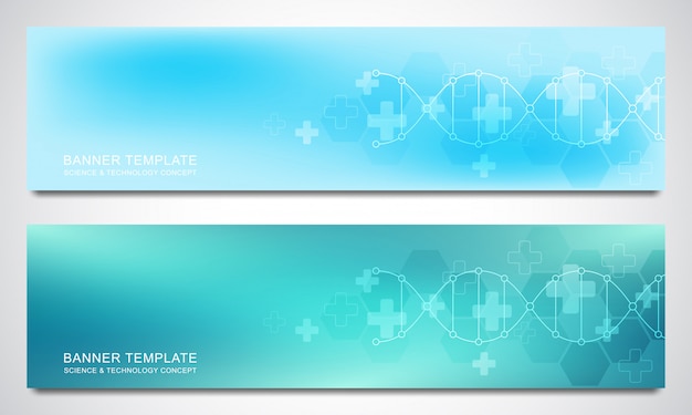 Vector banners and headers for site with dna strand and molecular structure.