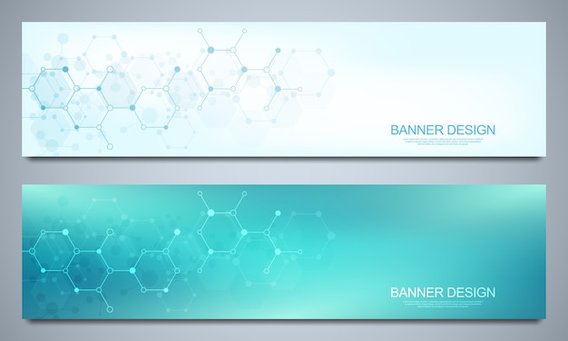 Vector banners and headers with molecular structures