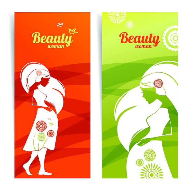 Banners met silhouet van zwangere vrouw. Sjabloonontwerpkaarten