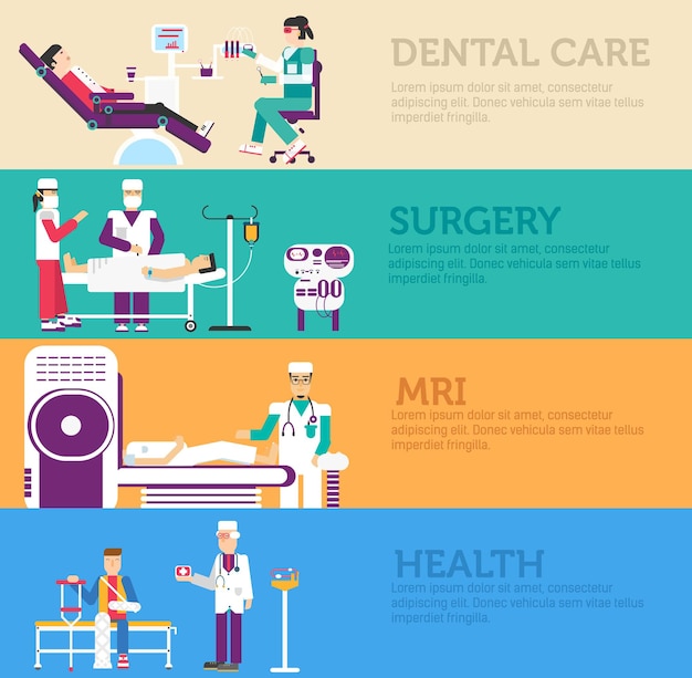 Баннеры набор стоматологической клиники, хирургии, здравоохранения и концепции сбора врача медицинского осмотра.