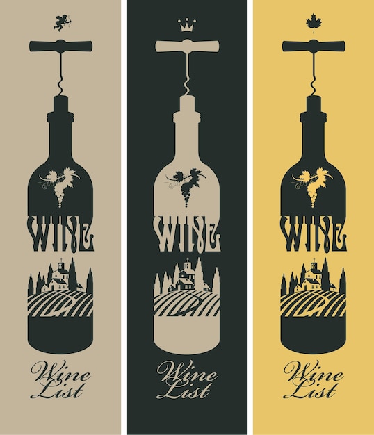 Vector banners set with bottle of wine and vineyards