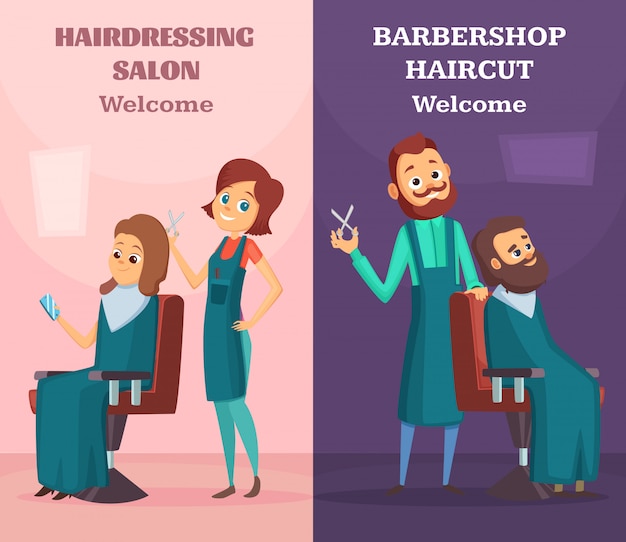 Banners set with illustrations of hairdressers at work