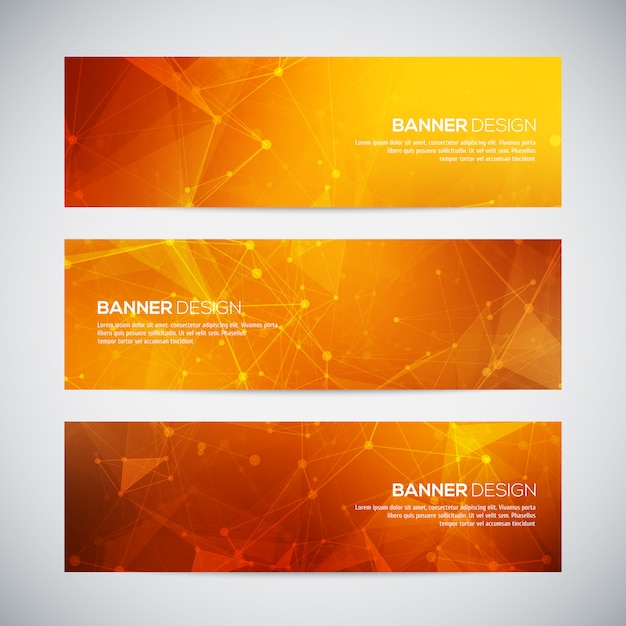 Banners set with polygonal abstract shapes, with circles, lines, triangles. abstract polygonal low poly banners with connecting dots and lines. connection structure