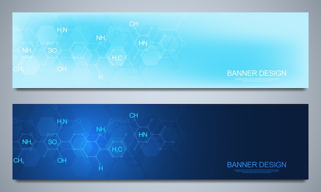 Modello di banner e intestazioni per sito con sfondo astratto di chimica e formule chimiche. concetto di tecnologia di scienza e innovazione. sito web di decorazione e altre idee.