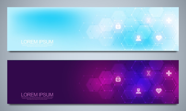 Banners  template for healthcare and medical decoration with  icons and symbols. science, medicine and innovation technology concept.