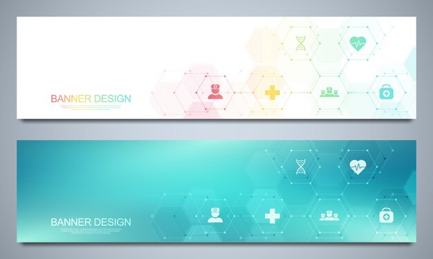 Banners  template for healthcare and medical decoration with  icons and symbols. science, medicine and innovation technology concept.