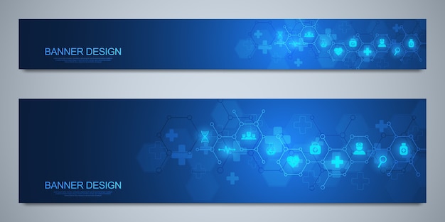 Banners  template for healthcare and medical decoration with  icons and symbols. science, medicine and innovation technology concept.