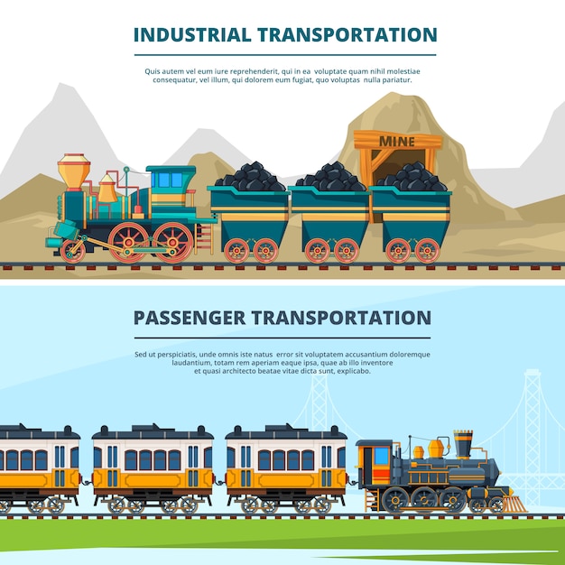 Modello di banner con illustrazioni colorate di treni retrò