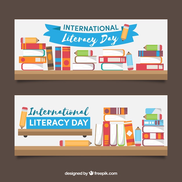 Vector banners van geletterdheidsdag vol boeken