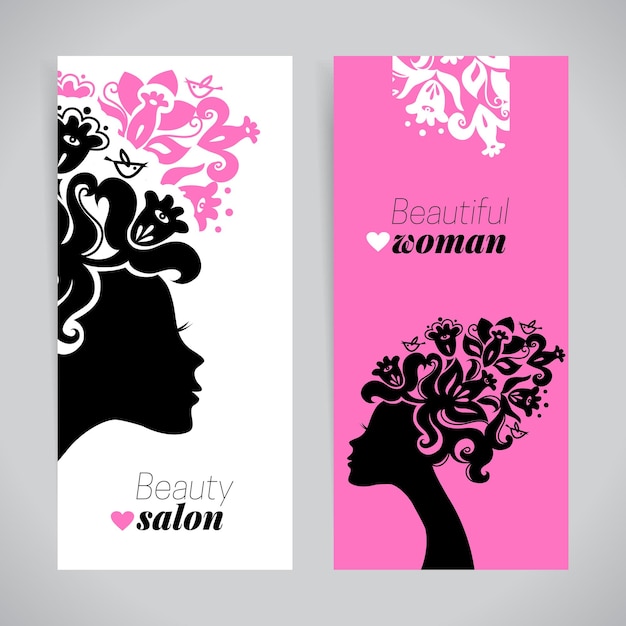 Banners van mooie vrouwensilhouetten met bloemen. schoonheidssalon ontwerp. vector illustratie