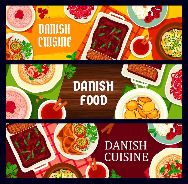 Banners voor de deense keuken, scandinavische maaltijden en traditionele gerechten uit denemarken